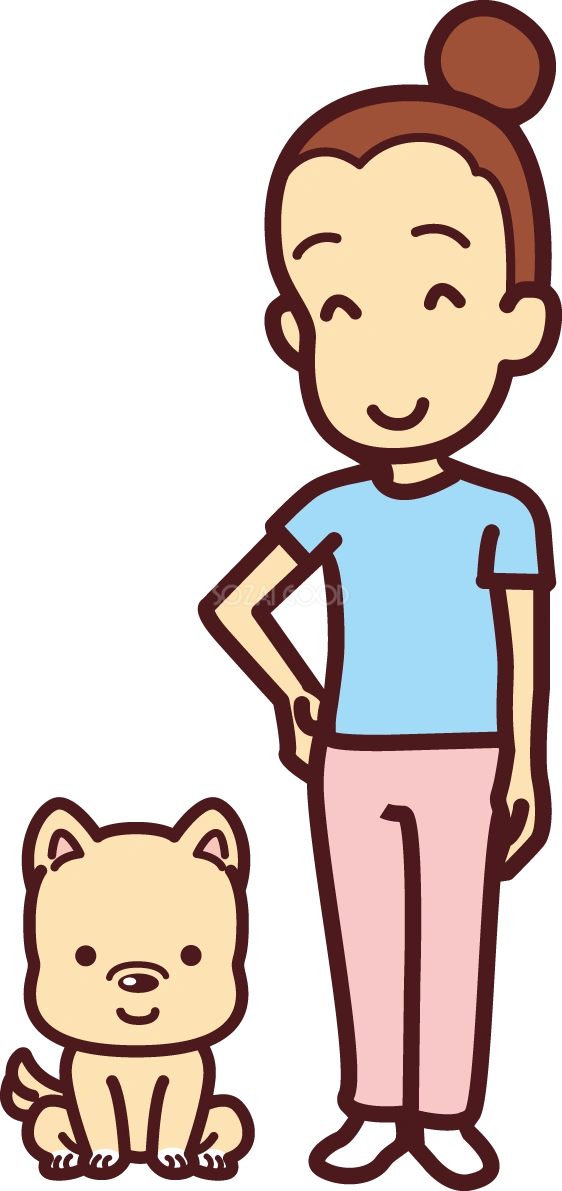 犬が飼い主(女性)が仲良く並ぶ かわいい無料イラスト69611