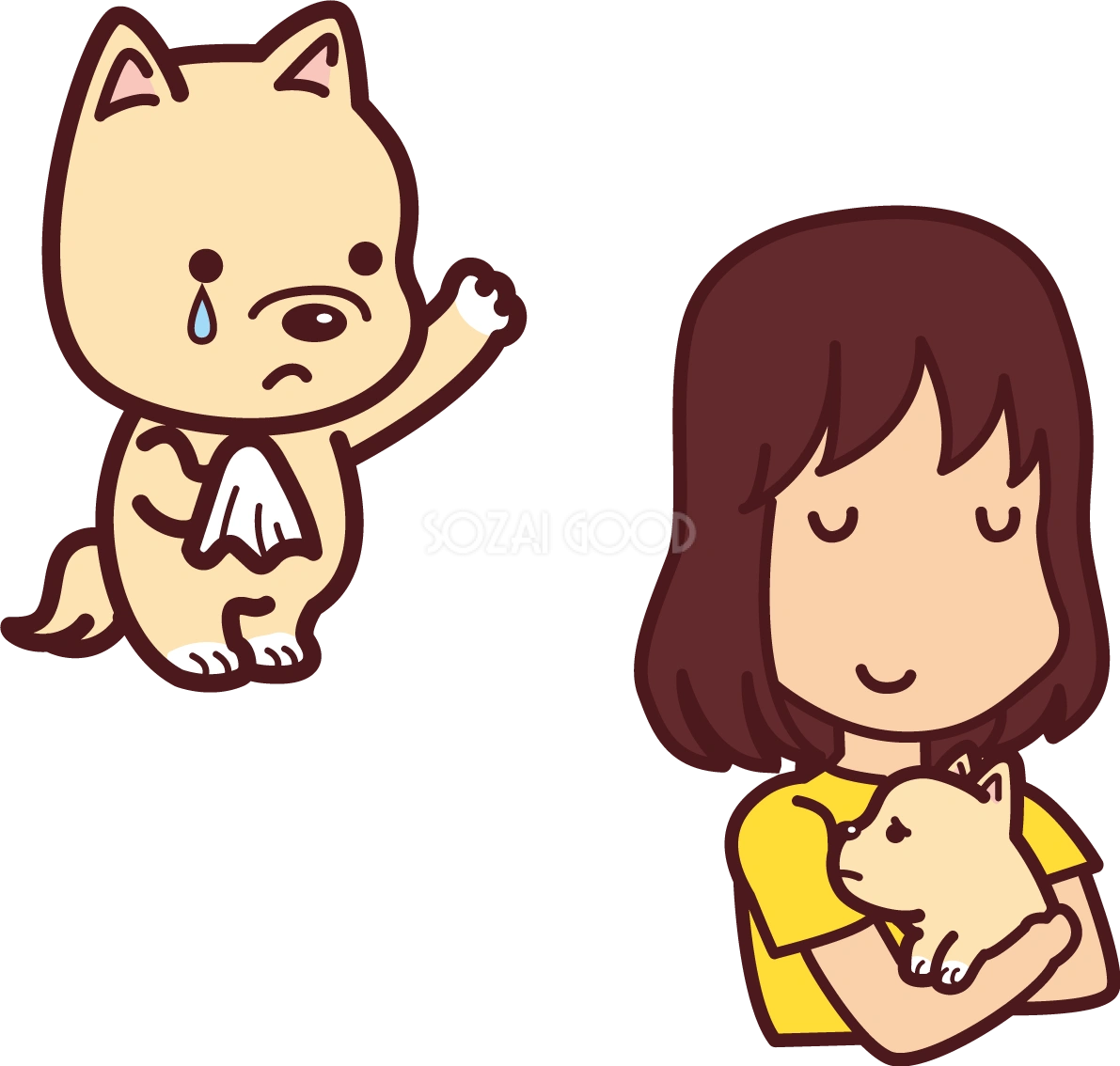 犬が里親と子犬に手を振る かわいい無料イラスト69816