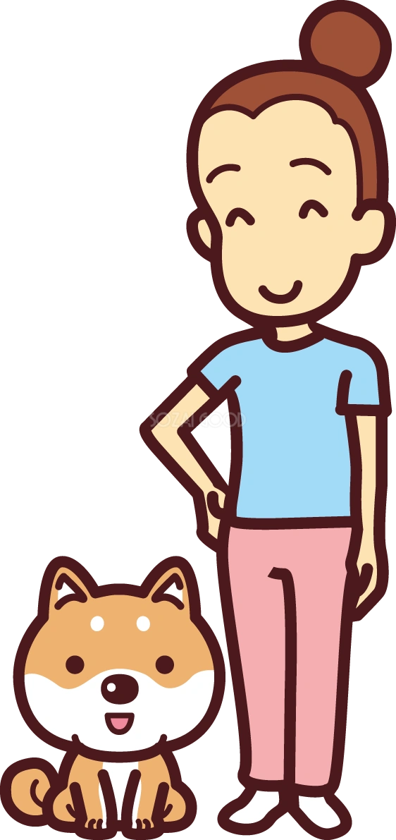 柴犬が飼い主(女性)が仲良く並ぶ かわいい犬の無料イラスト69895