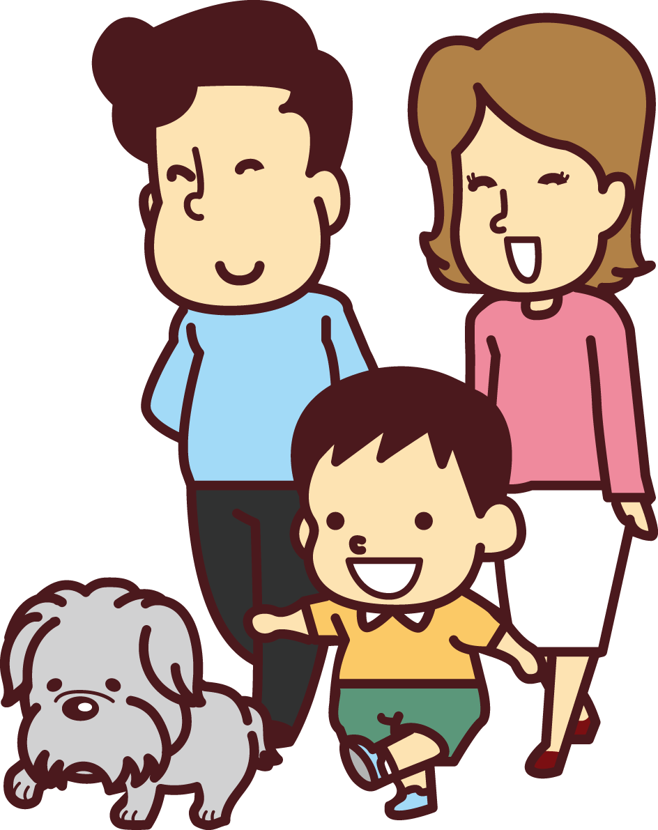 老犬をおでかけ散歩させている子供と家族 かわいい無料イラスト69939に写真・文字を入れる