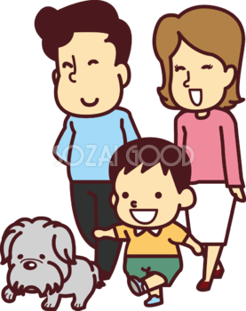 老犬をおでかけ散歩させている子供と家族 かわいい無料イラスト69939