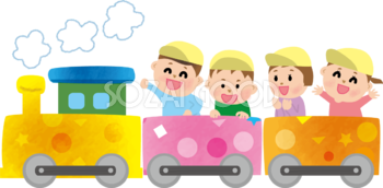 かわいい汽車に乗る保育園児たちの無料イラスト71030