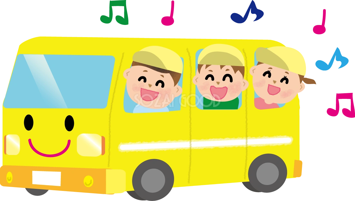 保育園バスから顔を出し歌う子供たちの無料イラスト71110