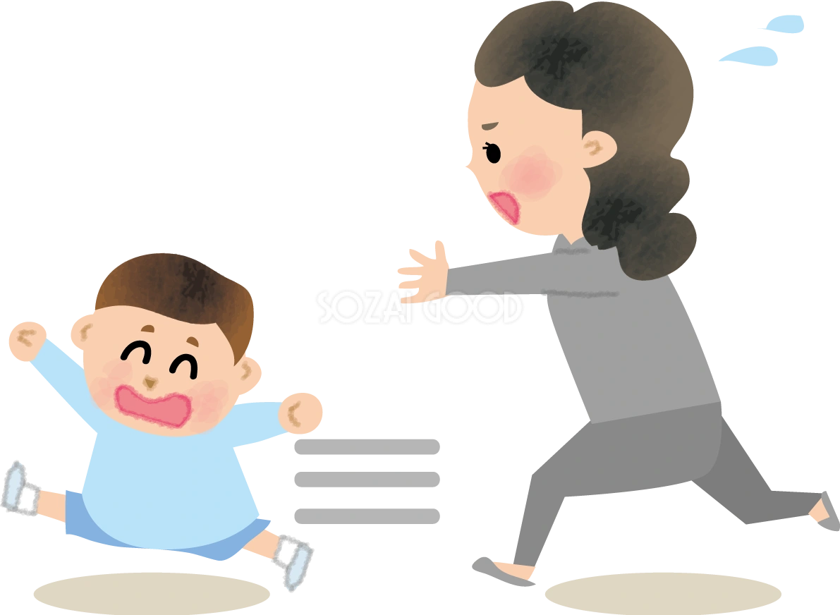保育園で走り回る子供を追いかけるお母さんの無料イラスト71195