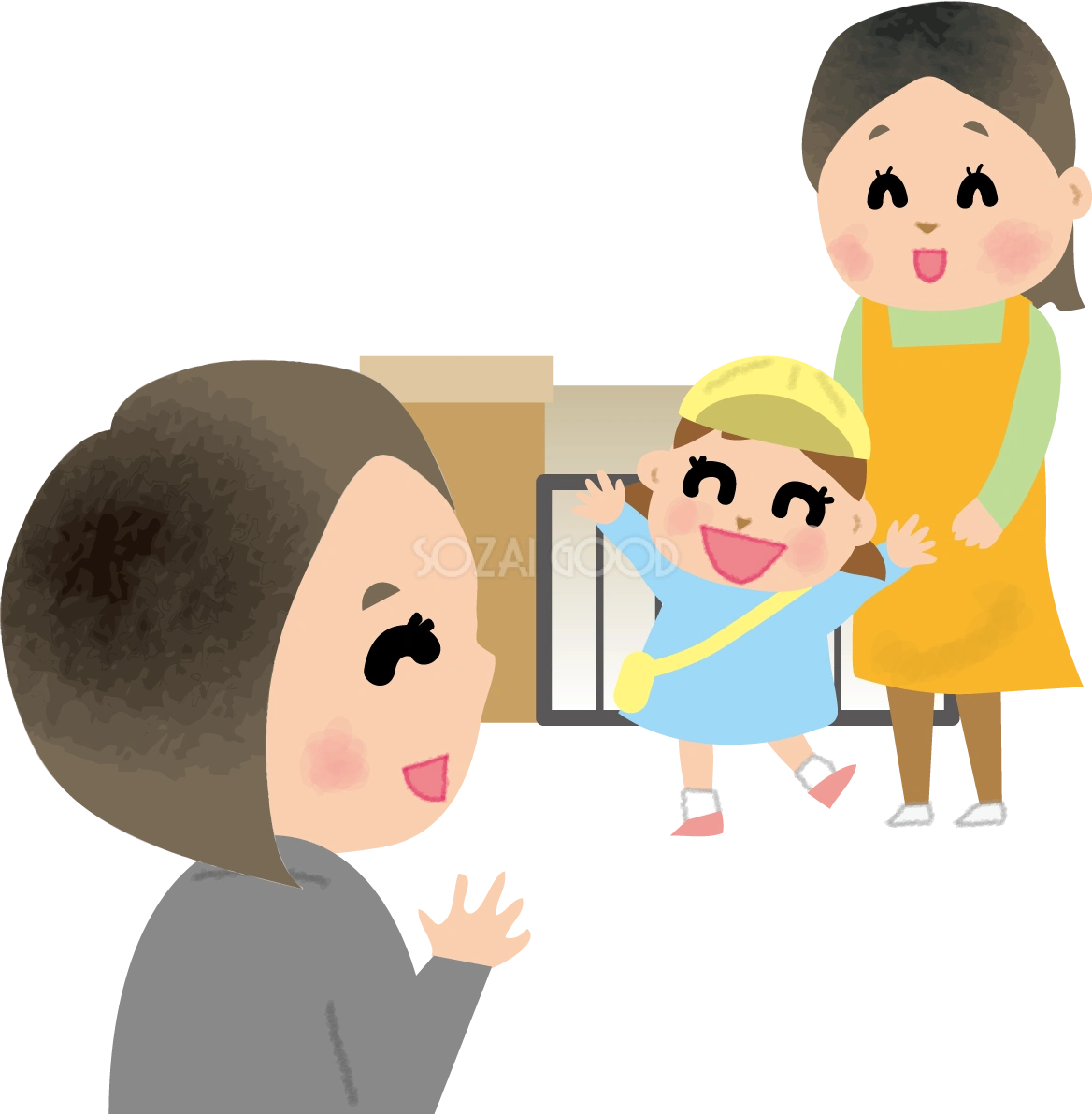 保育園にお母さんが迎えにきて喜ぶ子供の無料イラスト71203