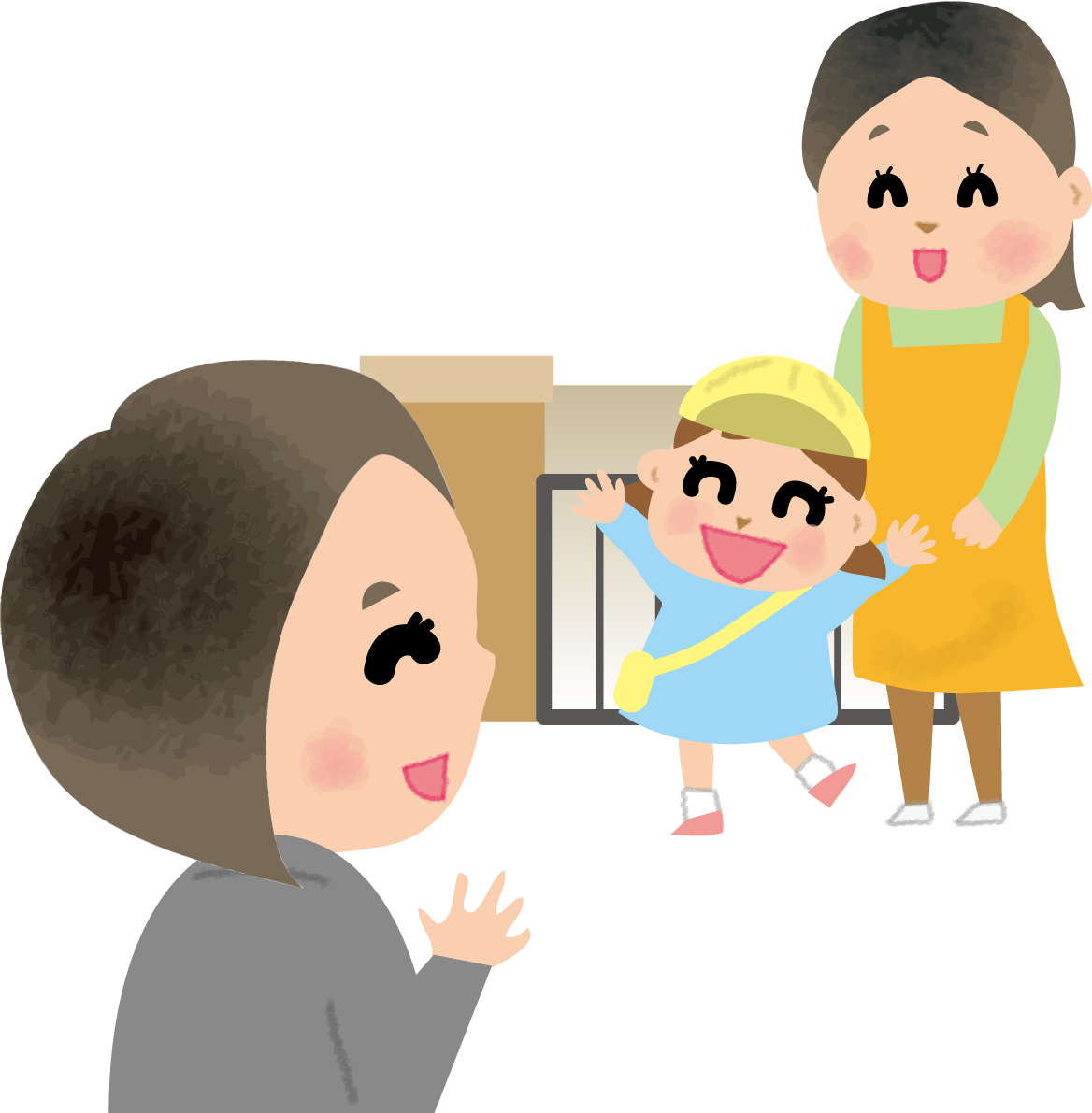 保育園にお母さんが迎えにきて喜ぶ子供の無料イラスト71203に写真・文字を入れる