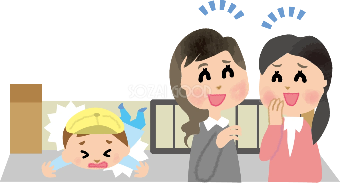 保育園前で話しに夢中で子供が転んでいることに気づけない保護者の無料イラスト71211