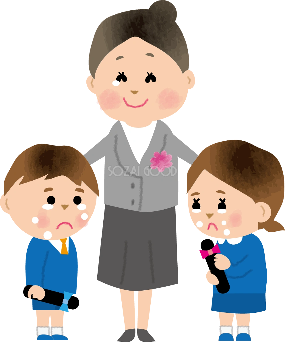 保育士と卒園でお別れし泣く幼稚園児(男の子 女の子)無料イラスト71215