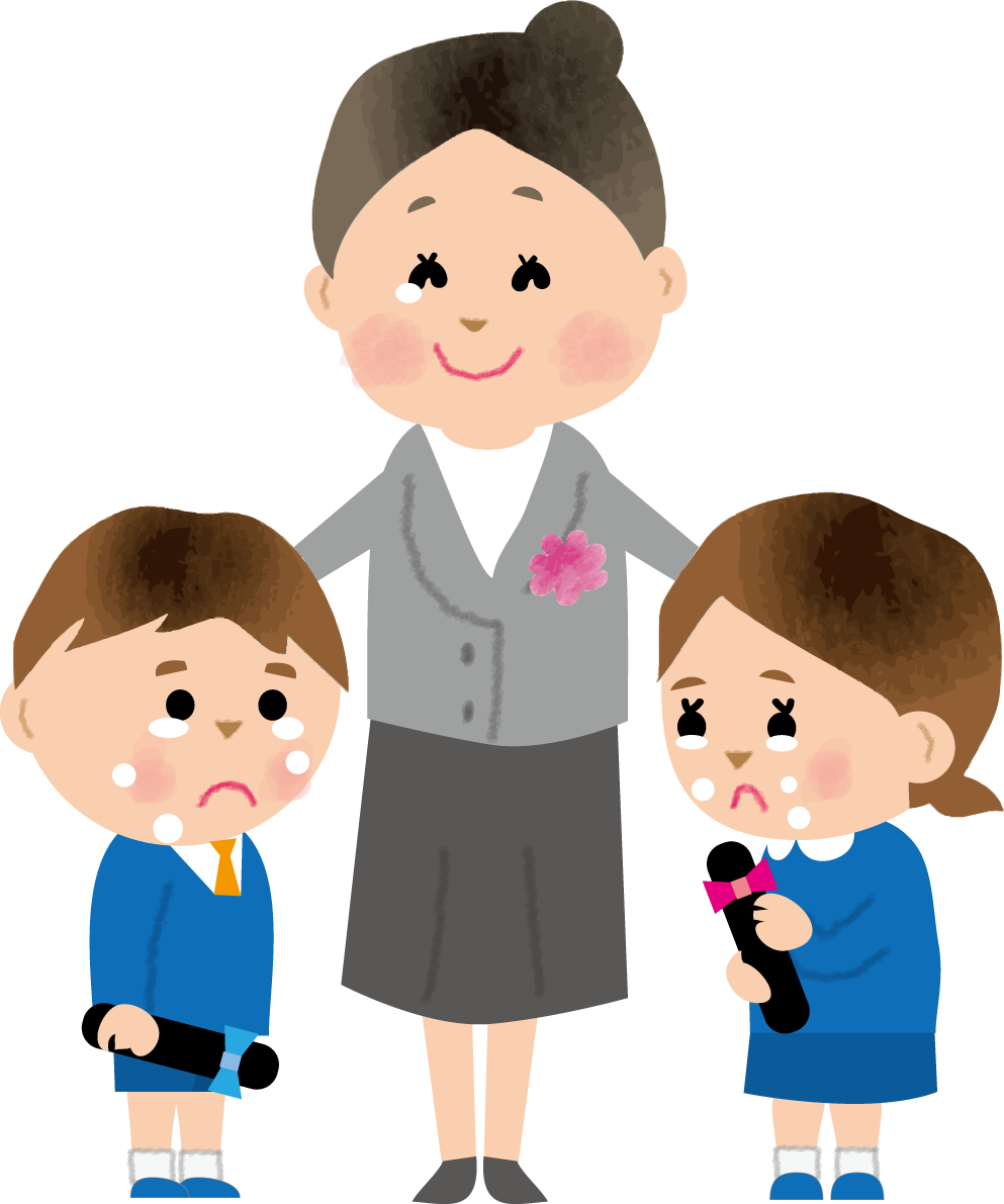 保育士と卒園でお別れし泣く幼稚園児(男の子 女の子)無料イラスト71215に写真・文字を入れる