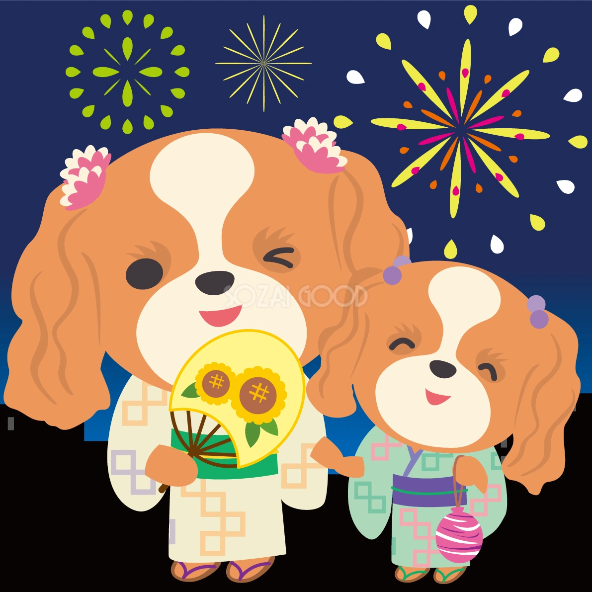 キャバリア(犬)が花火大会で夜空を見上げる動物無料イラスト71271