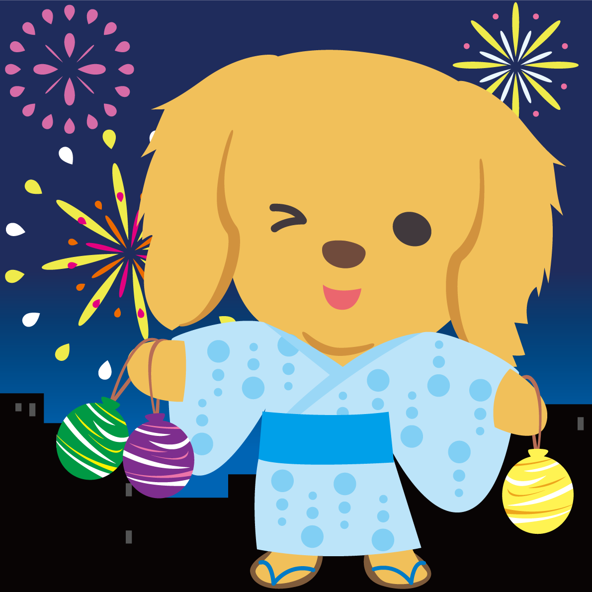 ゴールデン・レトリーバー(犬)が花火大会で夜空を見上げる動物無料イラスト71280に写真・文字を入れる
