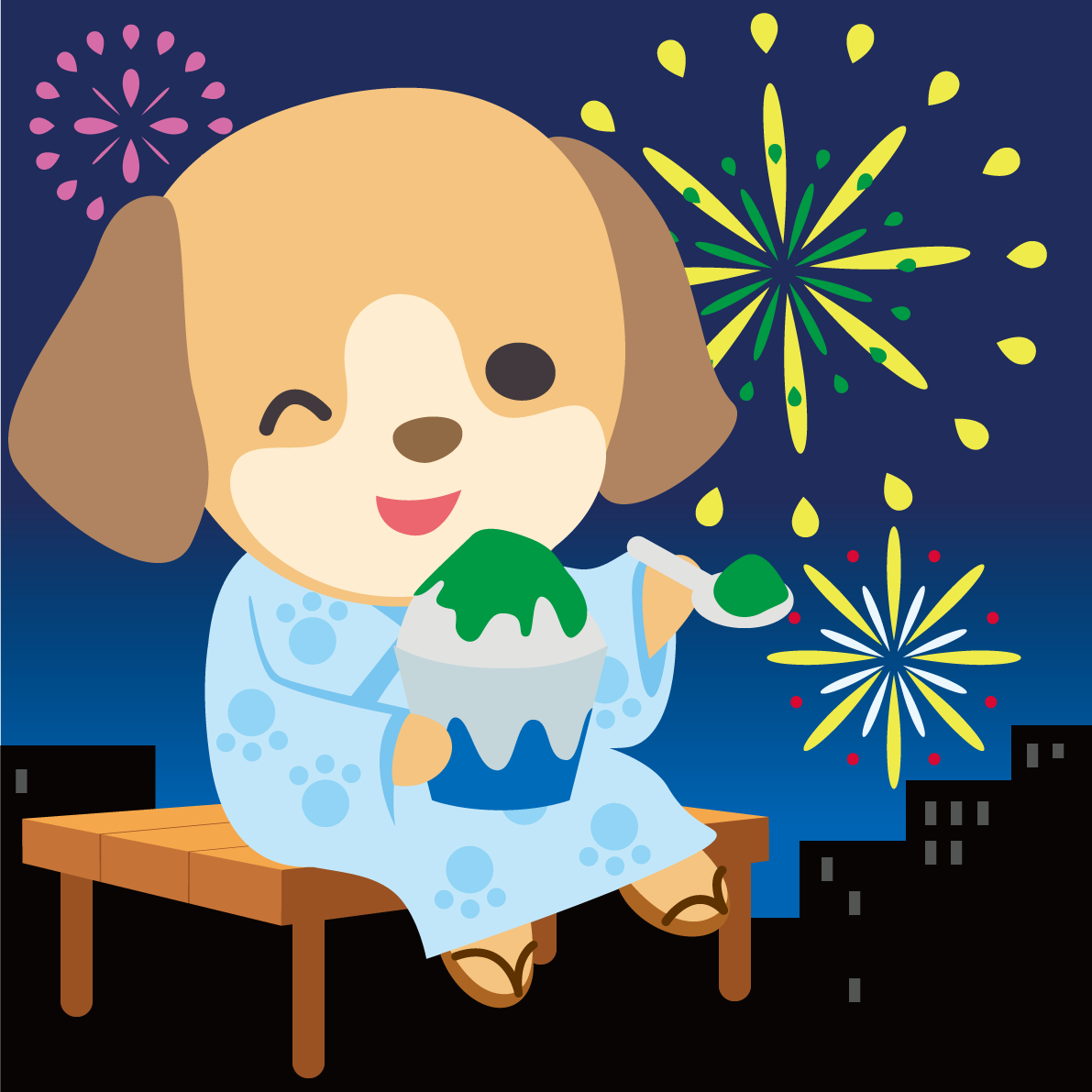 ダックスフンド(犬)が花火大会で夜空を見上げる動物無料イラスト71288に写真・文字を入れる