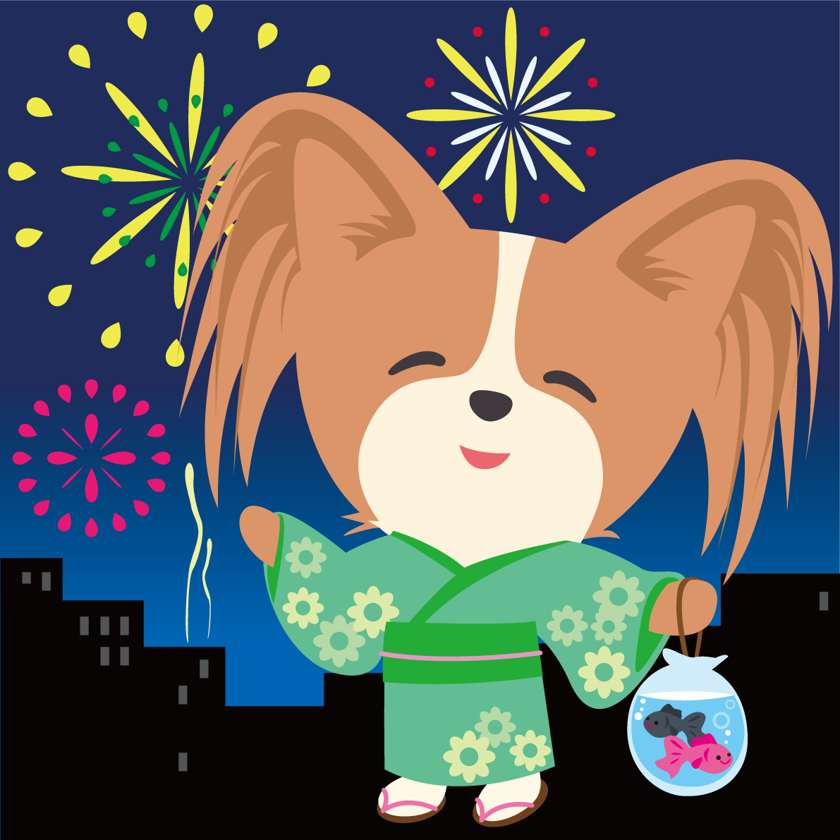 パピヨン(犬)が花火大会で夜空を見上げる動物無料イラスト71304に写真・文字を入れる