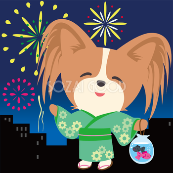 パピヨン(犬)が花火大会で夜空を見上げる動物無料イラスト71304