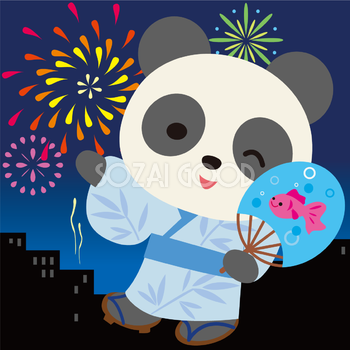 パンダが花火大会で夜空を見上げる動物無料イラスト71309