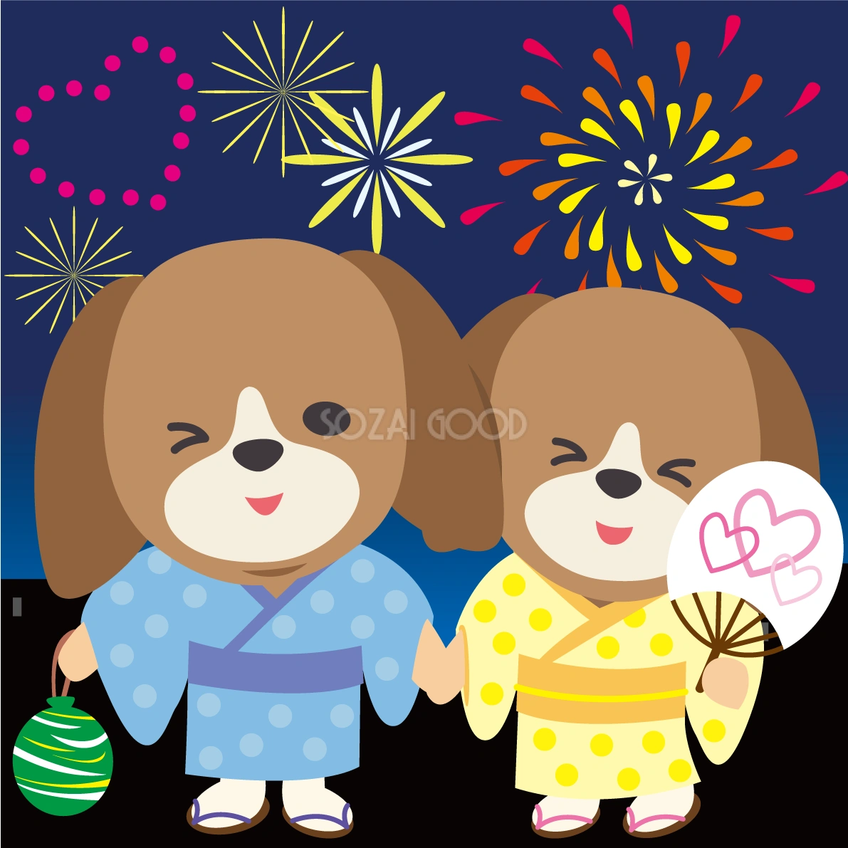 ビーグル(犬)が花火大会で夜空を見上げる動物無料イラスト71313 | 素材Good