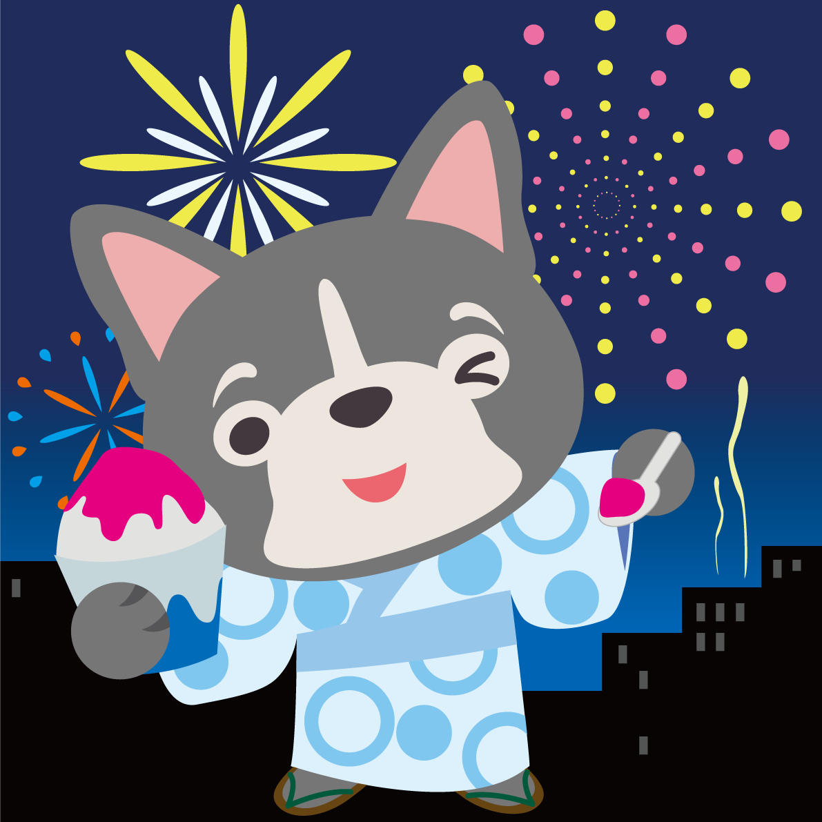フレンチ・ブルドッグ(犬)が花火大会で夜空を見上げる動物無料イラスト71317に写真・文字を入れる