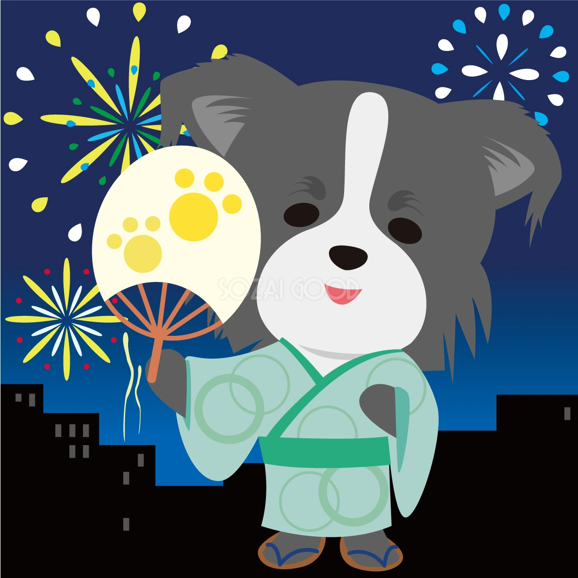 ボーダー・コリー(犬)が花火大会で夜空を見上げる動物無料イラスト71321