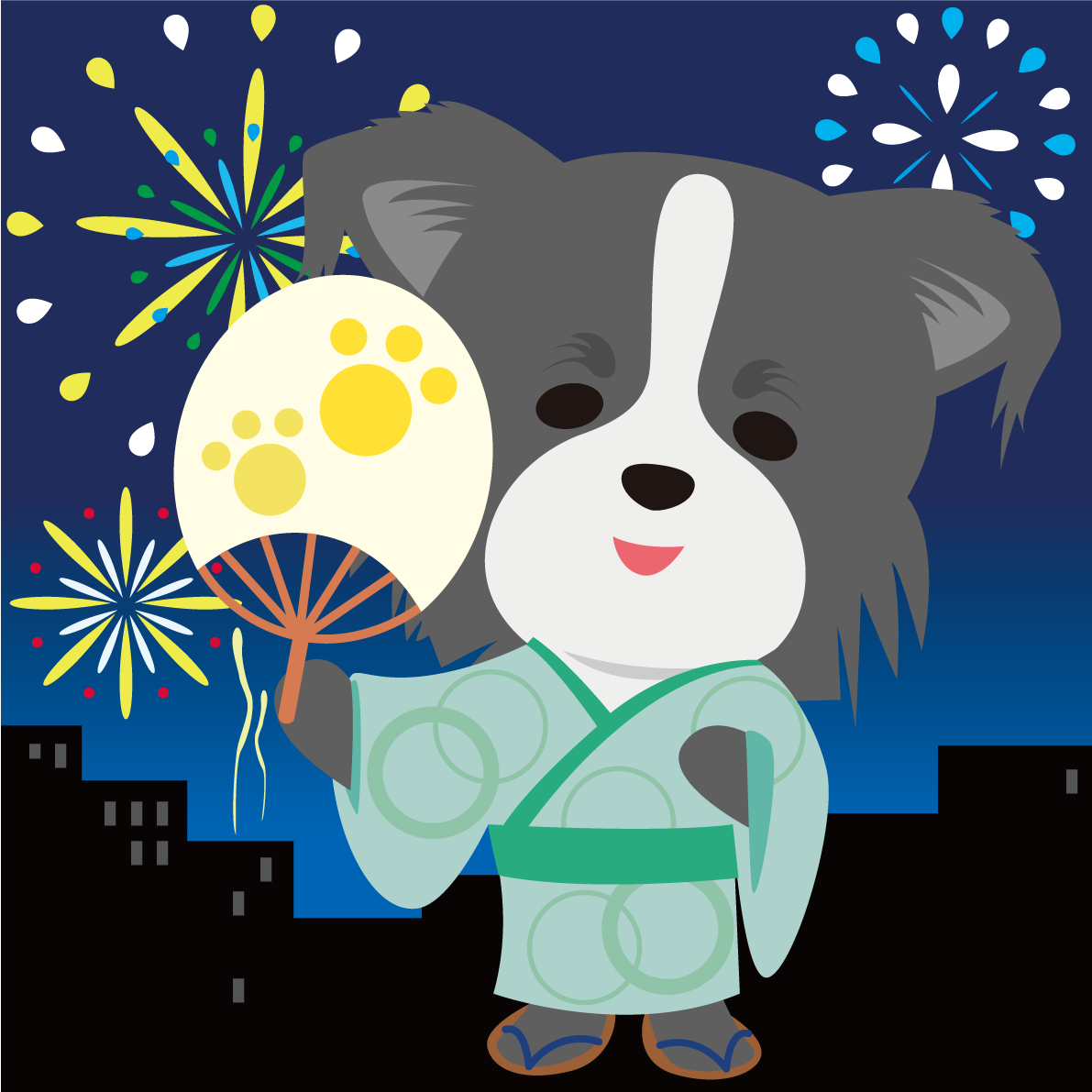 ボーダー・コリー(犬)が花火大会で夜空を見上げる動物無料イラスト71321に写真・文字を入れる