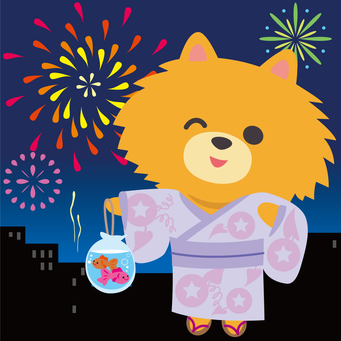 ポメラニアン(犬)が花火大会で夜空を見上げる動物無料イラスト71325に写真・文字を入れる