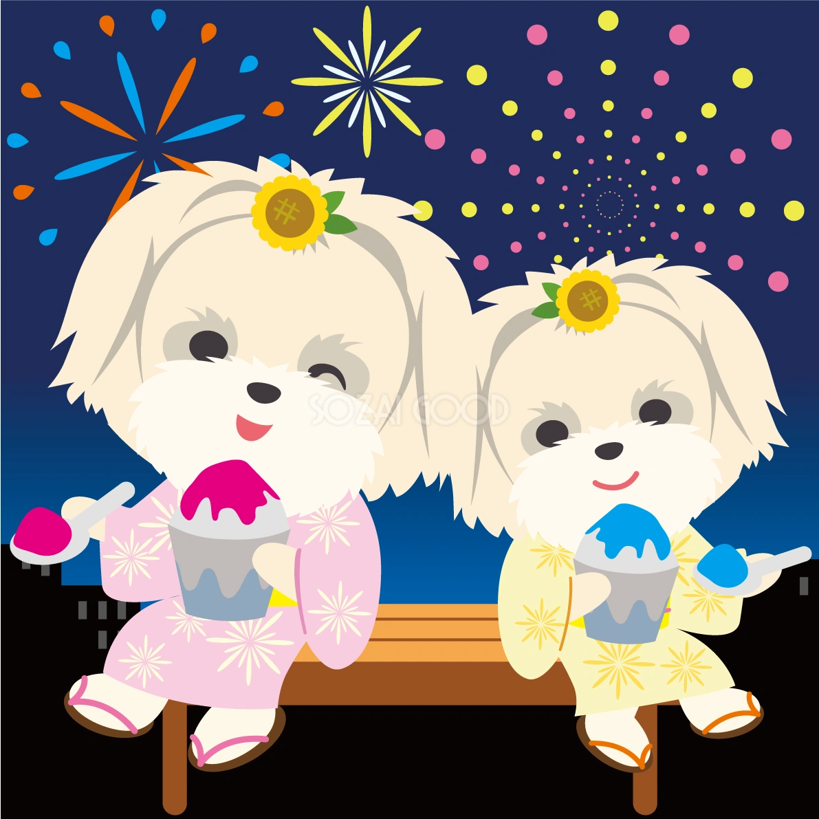 マルチーズ(犬)が花火大会で夜空を見上げる動物無料イラスト71329