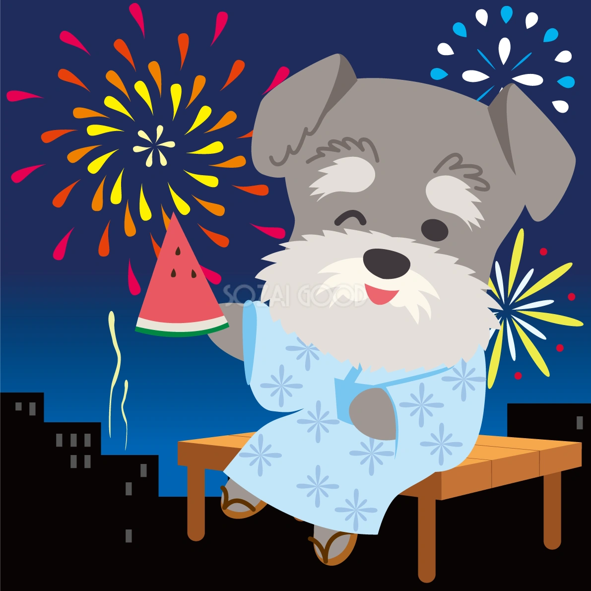 ミニチュア・シュナウザー(犬)が花火大会で夜空を見上げる動物無料イラスト71333