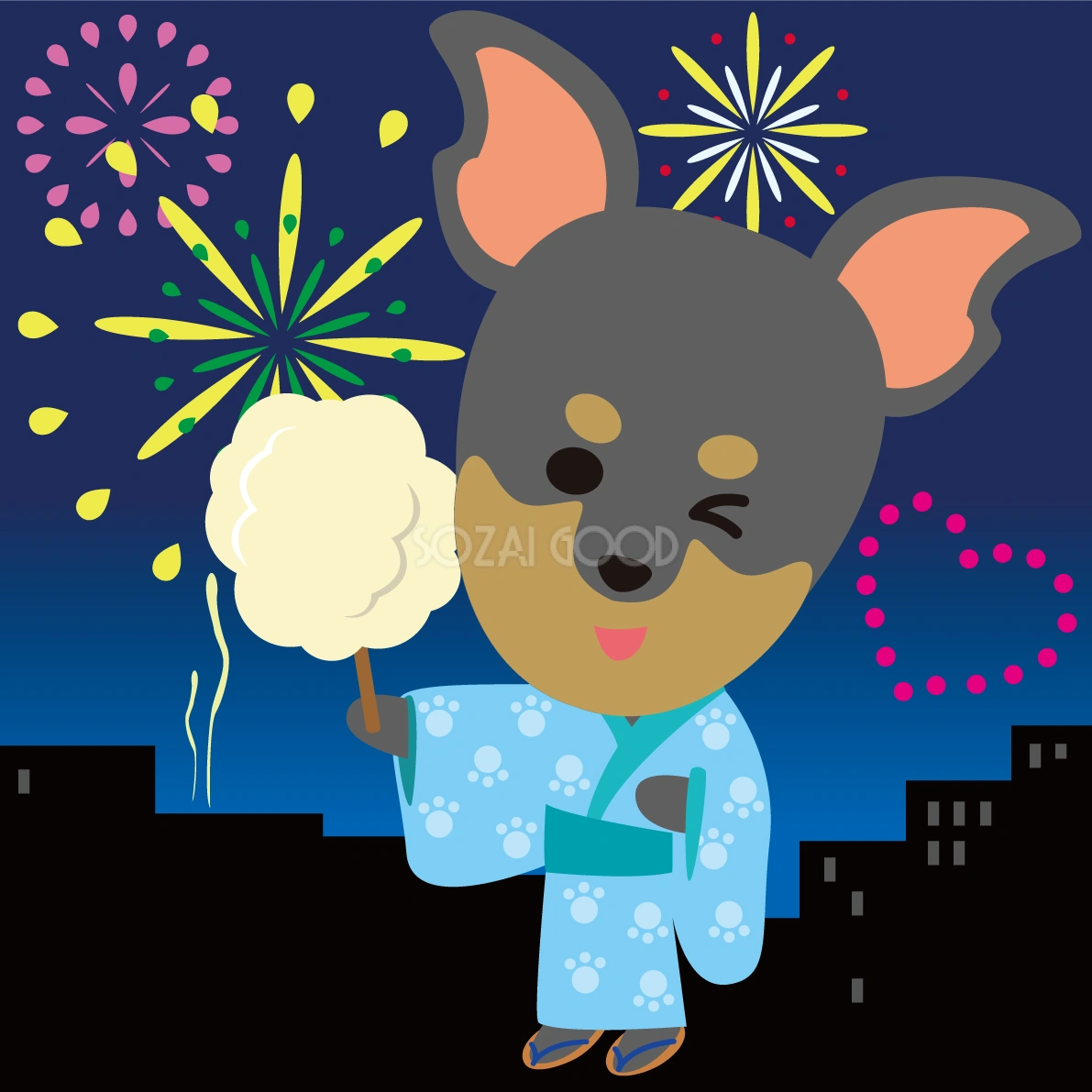 ミニチュア・ピンシャー(犬)が花火大会で夜空を見上げる動物無料イラスト71337
