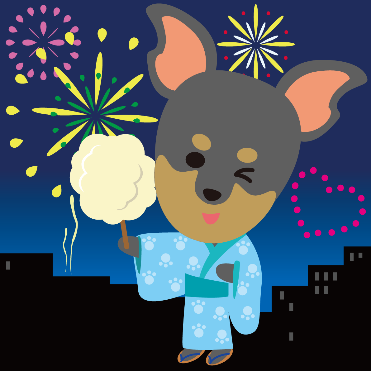 ミニチュア・ピンシャー(犬)が花火大会で夜空を見上げる動物無料イラスト71337に写真・文字を入れる
