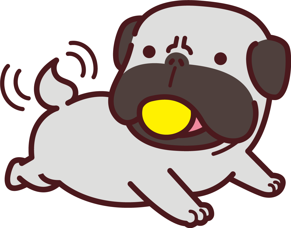 パグがボールをくわえてしっぽをパタパタ かわいい犬の無料イラスト71389に写真・文字を入れる
