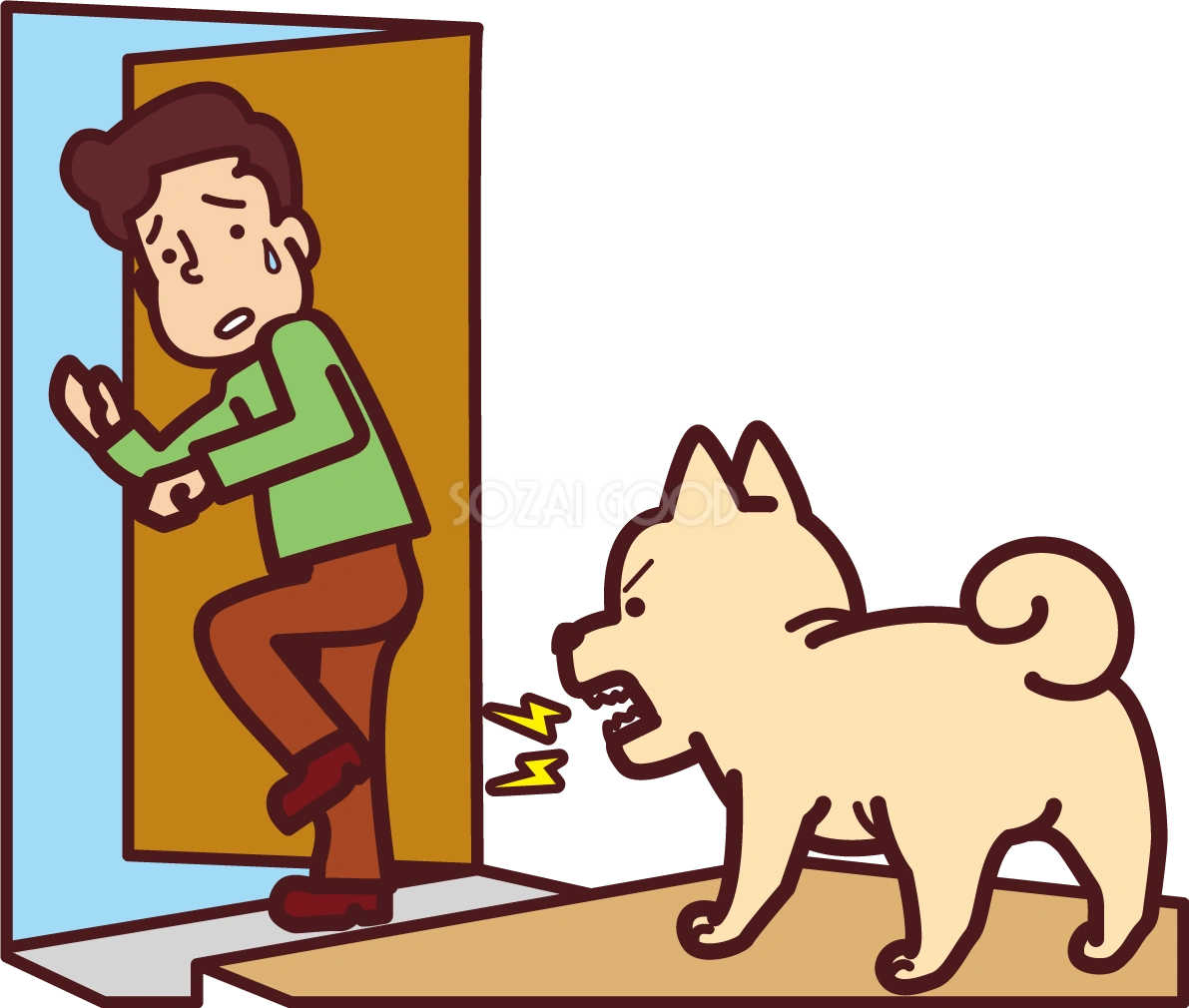 家に来客した人に対して吠えている犬の無料イラスト71433