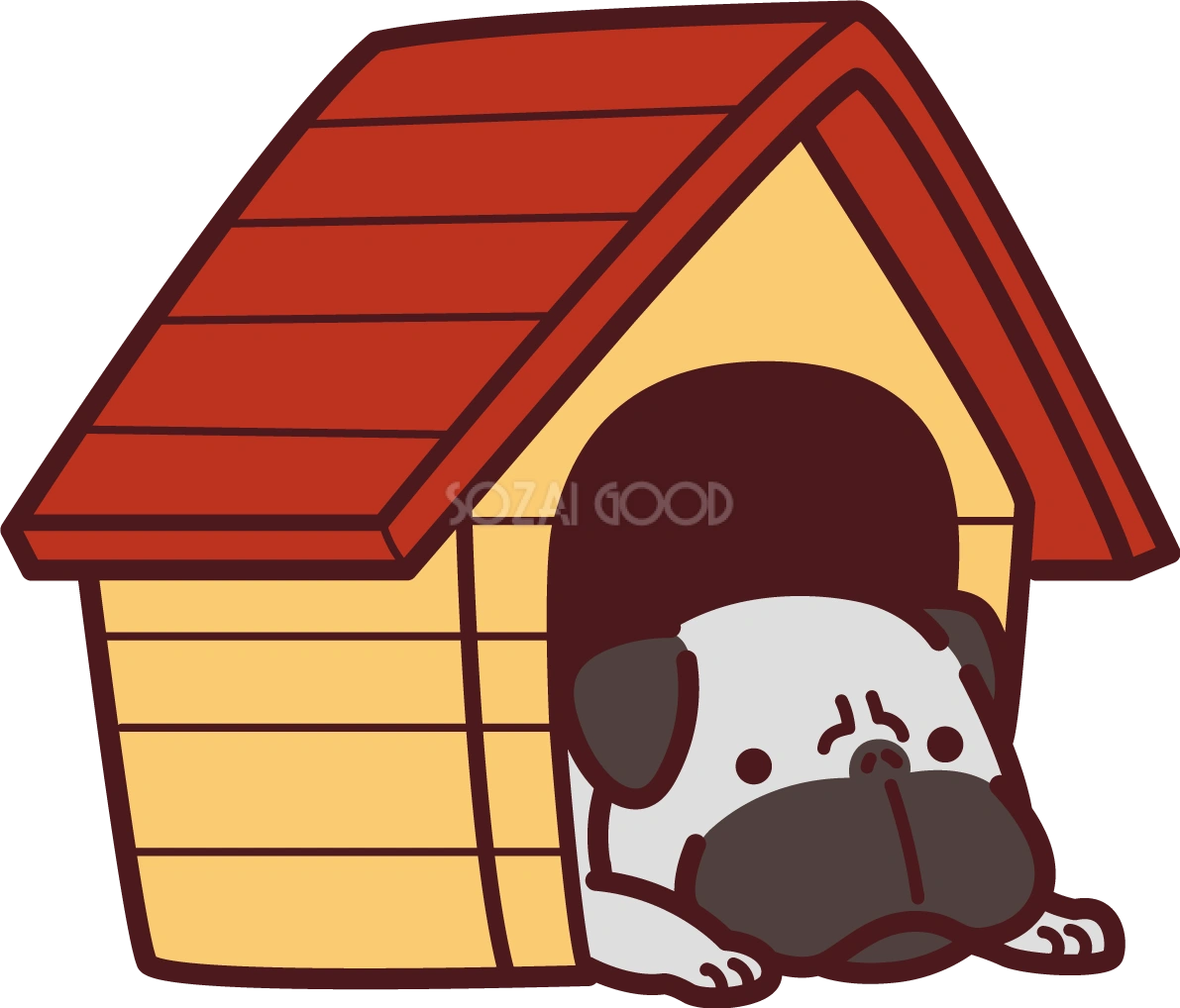 犬小屋に入るかわいいパグ無料イラスト71458