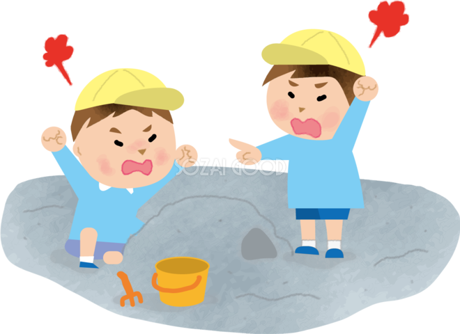 保育園の砂場で喧嘩する子どもの無料イラスト71669 素材good