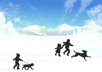犬と遊ぶ子供達のシルエットと冬の風景リアルな背景無料イラスト71685