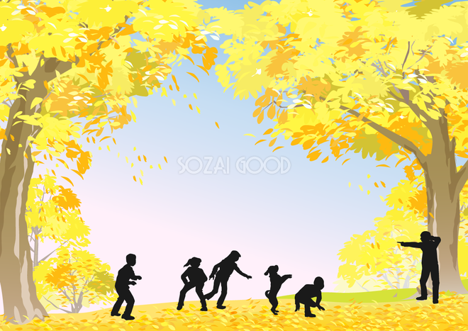 犬と遊ぶ子供達のシルエットと秋の風景リアルな背景無料イラスト716 素材good