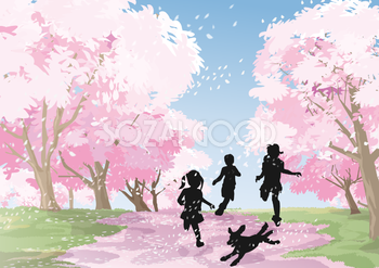 犬と遊ぶ子供達のシルエットと春の風景リアルな背景無料イラスト71693