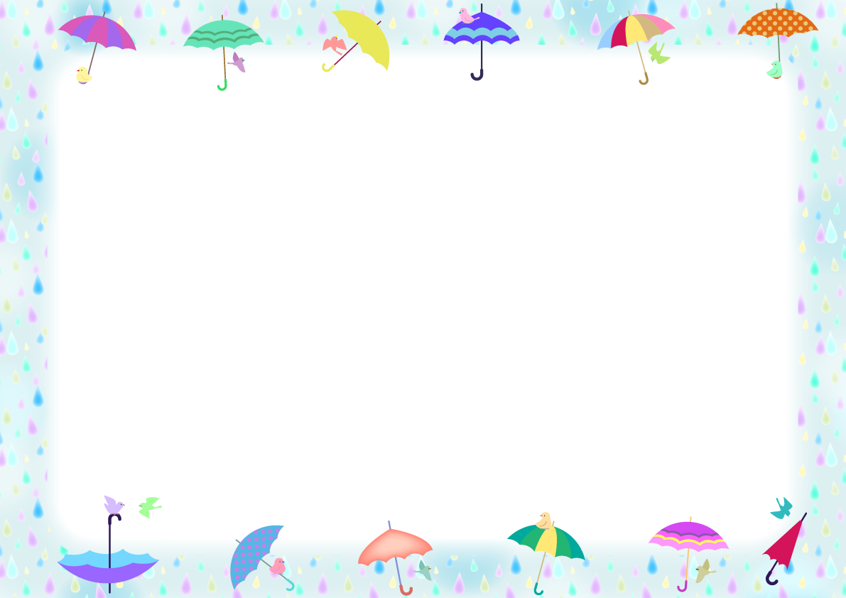 雨しずくとカラフルな傘と鳥フレーム枠の梅雨無料イラスト71721に写真・文字を入れる