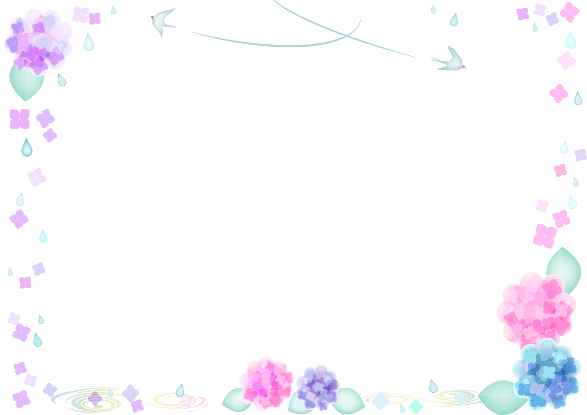 梅雨 雨しずく水彩画風 紫陽花と花びら&ツバメフレーム枠の無料イラストに写真・文字を入れる