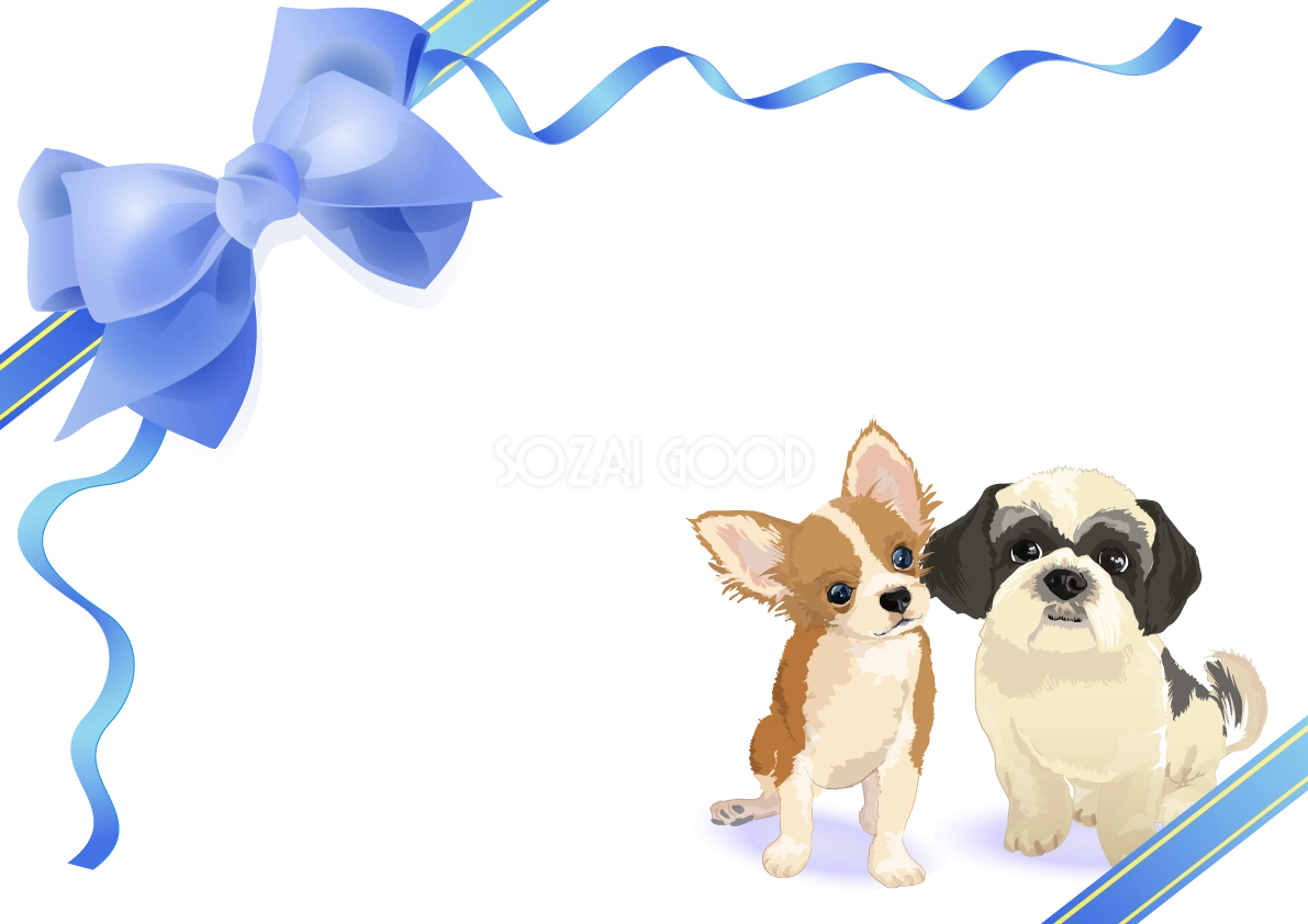 リボンフレームと犬達のリアルな背景無料イラスト71746
