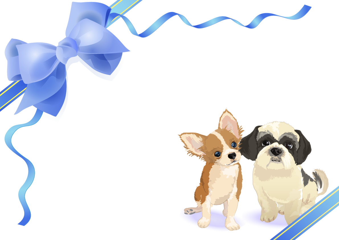 リボンフレームと犬達のリアルな背景無料イラスト71746に写真・文字を入れる