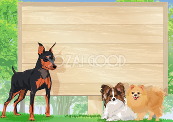 リアルな犬達と森に建つ看板背景の無料イラスト71778