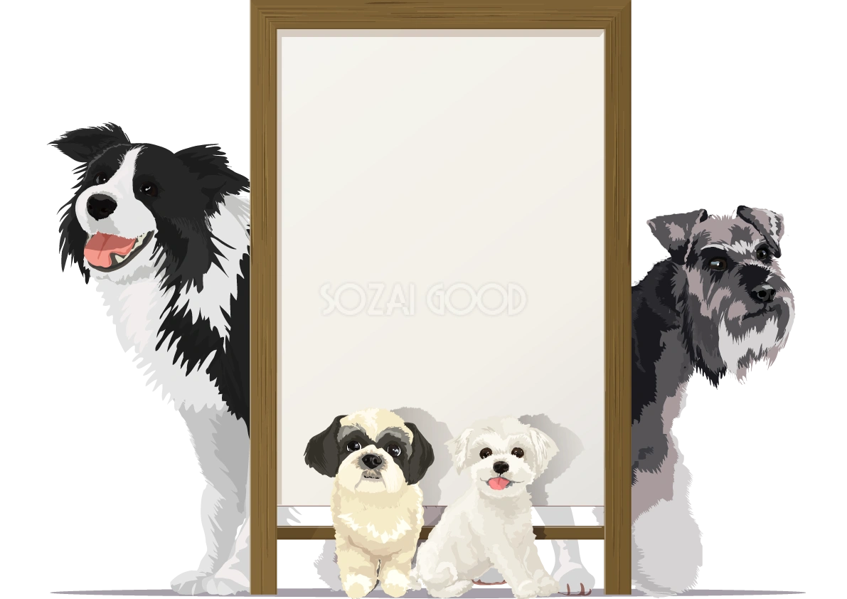 リアルな犬達と縦枠看板のフレーム無料イラスト71782