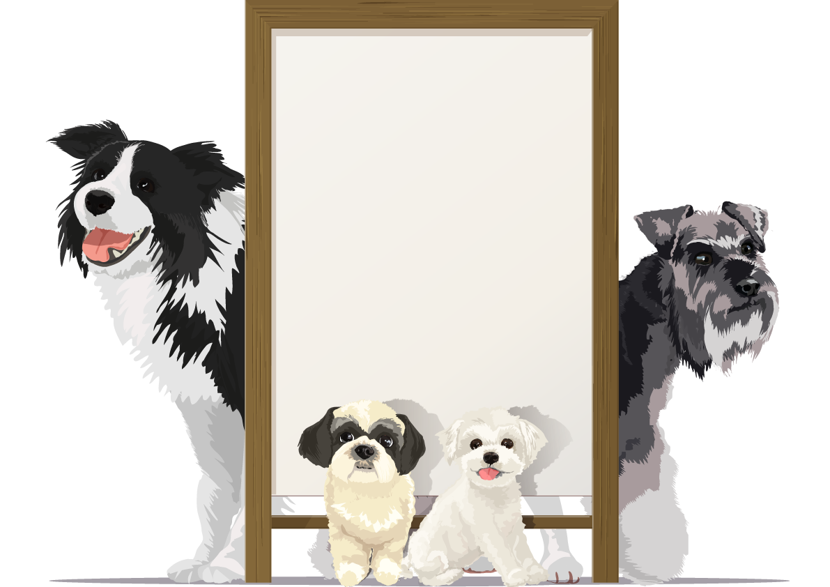 リアルな犬達と縦枠看板のフレーム無料イラスト71782に写真・文字を入れる