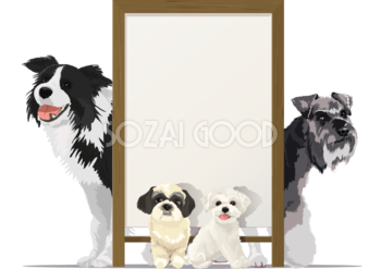 リアルな犬達と縦枠看板のフレーム無料イラスト71782