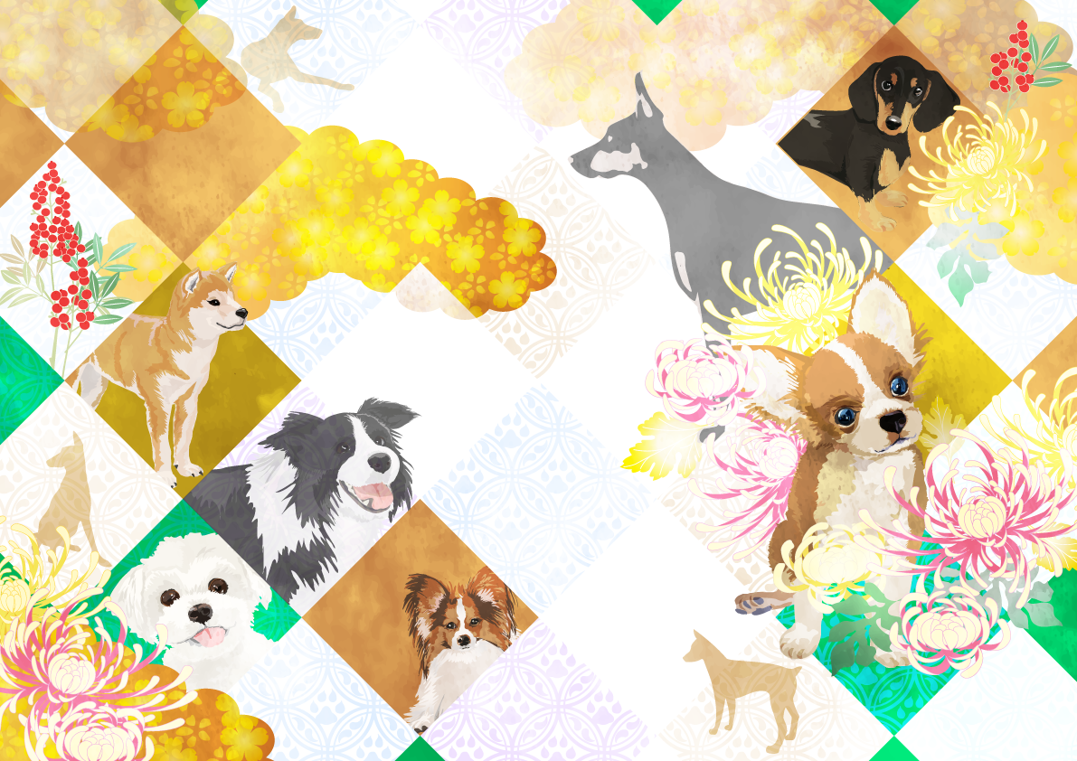 和風リアルな犬達のデザイン背景無料イラスト71802に写真・文字を入れる