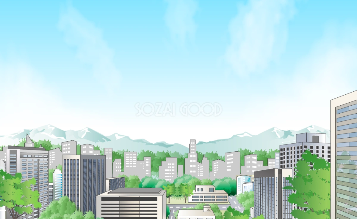 街の建物と奥の方には木や山が広がる 無料背景イラスト