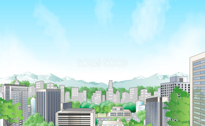 街の建物と奥の方には木や山が広がる 無料背景イラスト 素材good