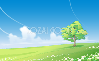 綺麗な空と涼しげな広い草原と１本の木  無料背景イラスト7200