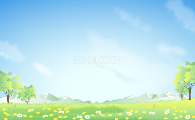 草原 木 山 無料背景イラスト  素材Good