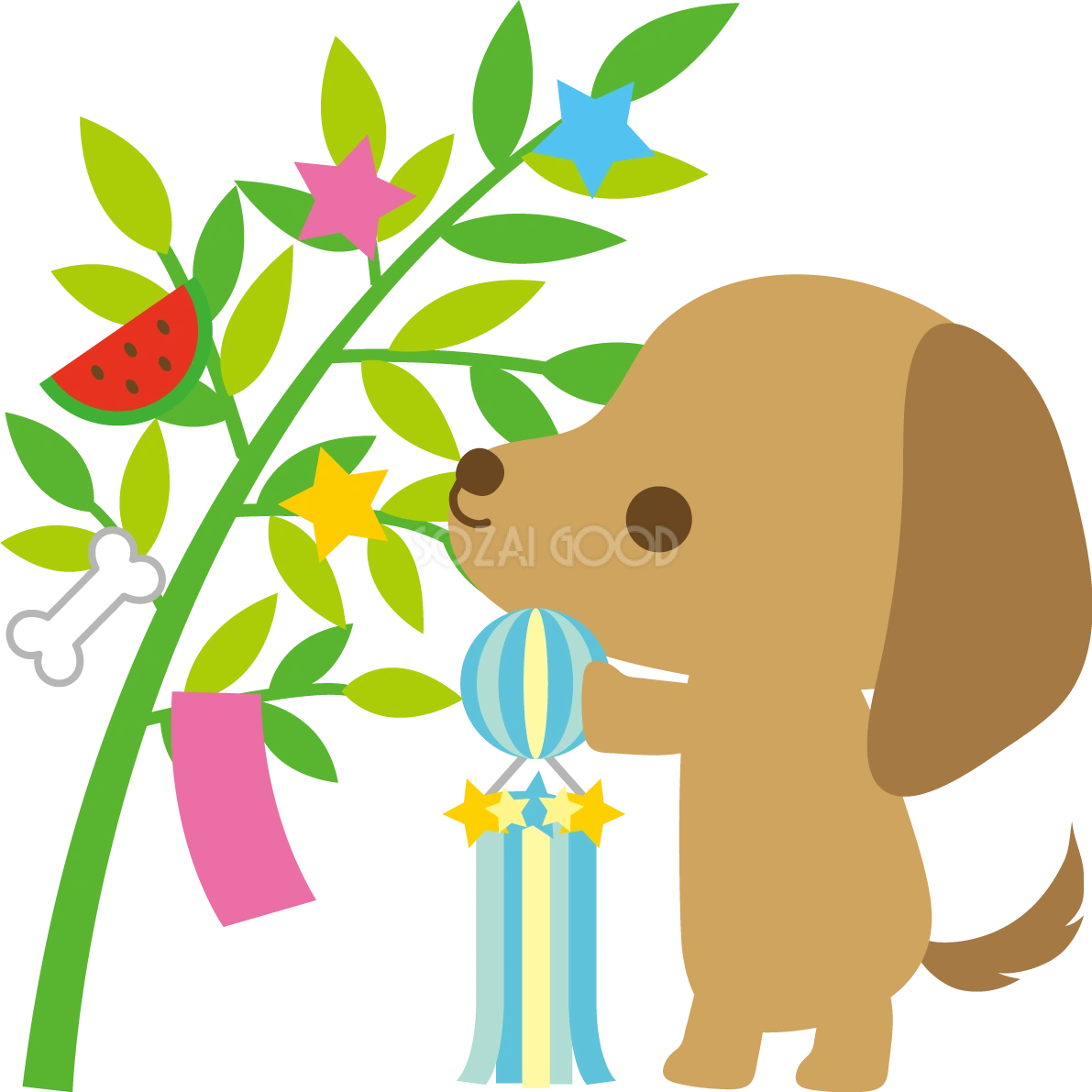 ダックスフンド(犬)七夕(笹にくす玉を飾る)動物無料イラスト72413