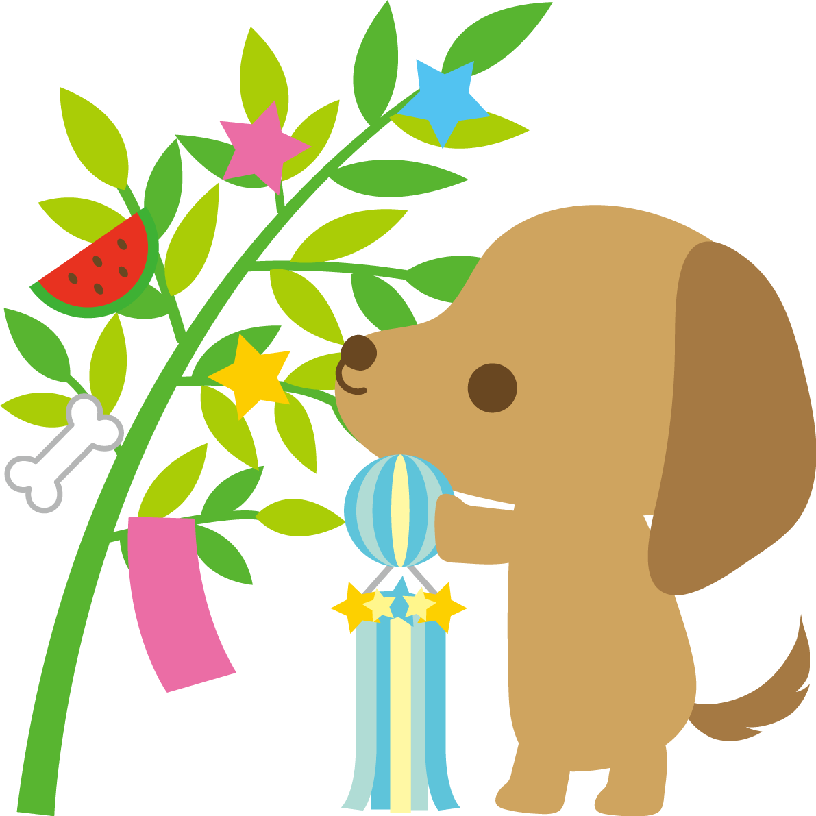 ダックスフンド(犬)七夕(笹にくす玉を飾る)動物無料イラスト72413に写真・文字を入れる